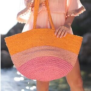 Shiraleah Colorblock Jute Resort Tote Pink Orange Beach Bag